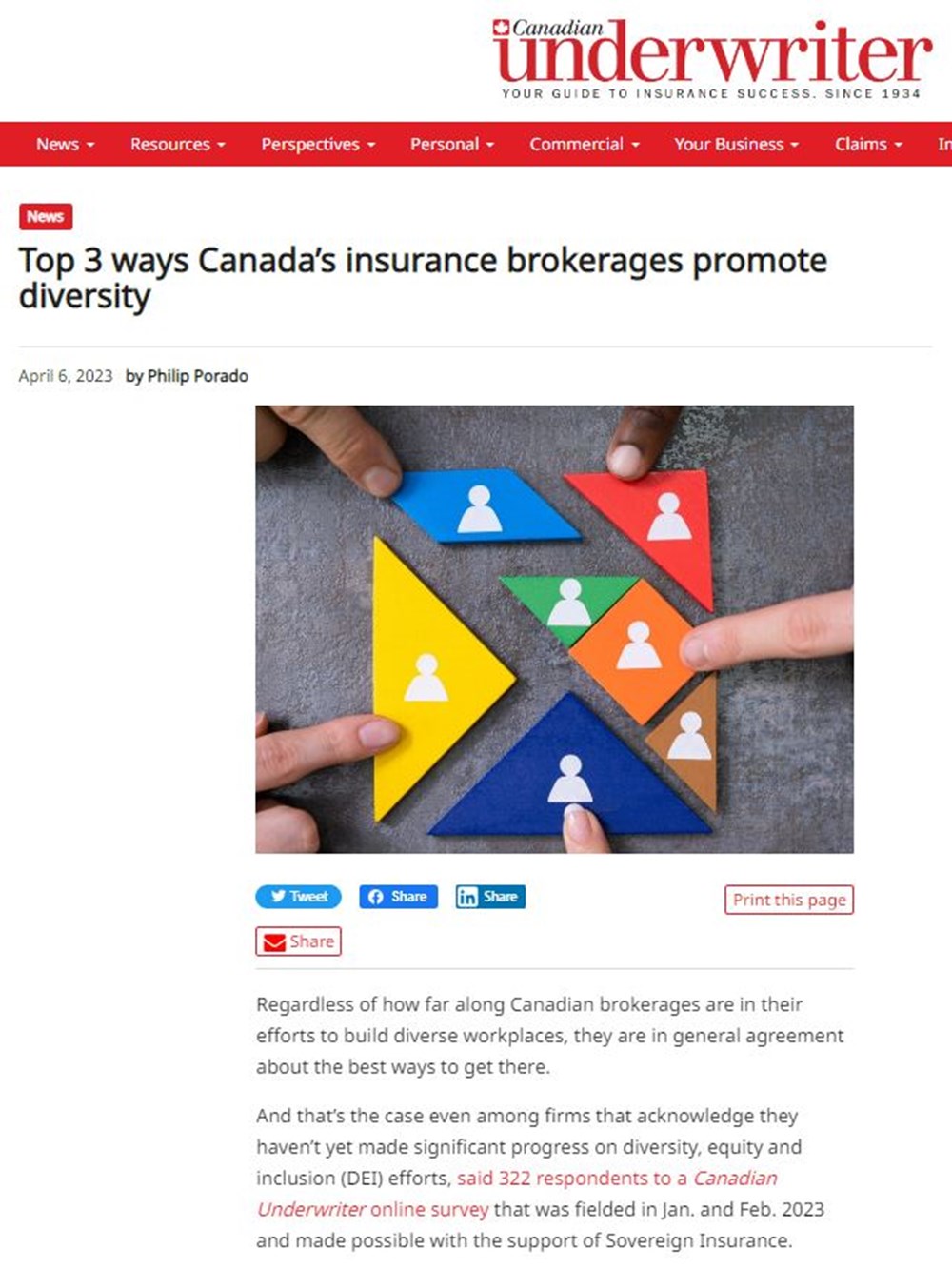 A screenshot of the news article in Canadian Underwriter magazine. There is a picture of colourful geometric shapes with small people icons on each shape.